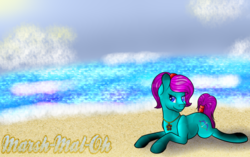 Size: 1024x642 | Tagged: safe, artist:marsh-mal-oh, oc, oc only, crystal pony, earth pony, pony, beach, beach babe, commission, day at the beach, female, fully shaded, jewelry, mare, necklace, ocean, sand, water, wave, ych result