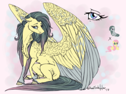 Size: 800x600 | Tagged: safe, artist:dementra369, fluttershy, marble pie, oc, pegasus, pony, g4, abstract background, female, fusion, large wings, mare, sitting, wings