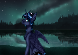 Size: 4961x3508 | Tagged: safe, artist:czywko, artist:nightstarss, princess luna, alicorn, pony, g4, absurd resolution, collaboration, crown, digital art, ear fluff, female, jewelry, lake, looking at you, night, open collaboration, regalia, shiny, solo, spread wings, wingding eyes, wings