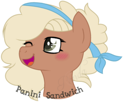 Size: 755x627 | Tagged: safe, artist:ipandacakes, oc, oc only, oc:panini sandwich, earth pony, pony, blushing, bust, female, mare, offspring, one eye closed, parent:cheese sandwich, parent:pinkie pie, parents:cheesepie, portrait, simple background, solo, transparent background, wink