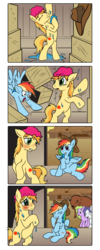 Size: 720x1801 | Tagged: safe, artist:ecartoonman, artist:ianvox, braeburn, rainbow dash, oc, bison, buffalo, earth pony, pony, g4, bipedal, braebetes, braeburn's hat, comic, covering, cowboy hat, cute, dashabetes, embarrassed, funny, hat, hay bale, laughing, not daisy, not flower wishes, not rarity, shower, shower cap, soap, we don't normally wear clothes