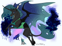 Size: 800x600 | Tagged: dead source, safe, artist:dementra369, princess luna, queen chrysalis, oc, g4, female, forked tongue, fusion, large wings, simple background, teeth, wings