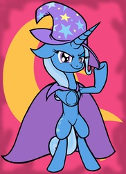 Size: 2913x4000 | Tagged: safe, artist:enzomersimpsons, trixie, pony, g4, abstract background, bipedal, cape, clothes, cutie mark background, female, hat, smiling, smug, solo, trixie's cape, trixie's hat