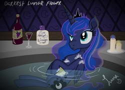 Size: 4583x3273 | Tagged: safe, artist:darkest-lunar-flower, princess luna, g4, alcohol, bath, bathing, bathtub, bubble, candle, chest fluff, glass, high res, hilarious in hindsight, soap, water, wine, wine bottle, wine glass