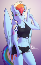 Size: 1500x2369 | Tagged: safe, artist:punk-pegasus, rainbow dash, pegasus, anthro, g4, abs, alternate hairstyle, belly button, clothes, ear piercing, eyebrow piercing, female, industrial piercing, mare, midriff, piercing, punk, shorts, solo, tattoo, torn clothes