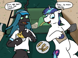 Size: 2400x1800 | Tagged: safe, artist:pony quarantine, queen chrysalis, shining armor, changeling, pony, unicorn, g4, cadance's pizza delivery, car, clothes, date, food, grammar error, implied infidelity, implied shining chrysalis, implied shipping, implied straight, lying down, male, misspelling, napkin, on back, pizza, plate, stallion, visor