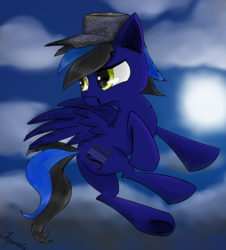 Size: 1500x1660 | Tagged: safe, artist:chopsticks, oc, oc only, oc:softstring strider, pegasus, pony, bdu, clothes, cloud, cloudy, commission, cutie mark, flying, hat, male, sky, solo, stallion