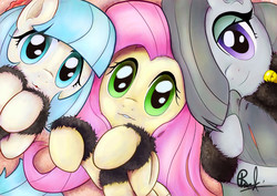 Size: 1366x969 | Tagged: safe, artist:raftclan, coco pommel, fluttershy, marble pie, earth pony, pegasus, pony, g4, cocobetes, cute, female, hair over one eye, hooves to the chest, hug, looking at you, marblebetes, mare, on back, pillow, pillow hug, shyabetes, the council of shy ponies, trio, weapons-grade cute, wristband, wrong eye color