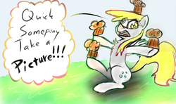 Size: 739x437 | Tagged: safe, artist:firenhooves, derpy hooves, pegasus, pony, g4, balancing, chest fluff, female, food, mare, muffin, solo, speech bubble