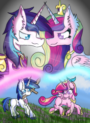 Size: 1400x1900 | Tagged: safe, artist:fusiondash, princess cadance, shining armor, g4, chest fluff, crossed horns, fluffy, horn, horns are touching, looking at each other, mouth hold, smiling, sword, teen princess cadance, weapon, younger