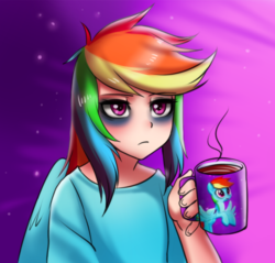 Size: 1543x1474 | Tagged: safe, artist:racoonsan, rainbow dash, human, equestria girls, g4, my little pony: the movie, bags under eyes, coffee, coffee mug, cup, cute, dashabetes, female, humanized, makeup, mug, solo, tired, winged humanization, wings