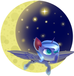 Size: 1024x1051 | Tagged: safe, artist:aquapegasus, princess luna, pony, g4, crescent moon, cute, female, lunabetes, moon, prone, s1 luna, solo, spread wings, stars, tangible heavenly object, transparent moon, wings
