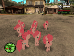 Size: 800x600 | Tagged: safe, artist:toonalexsora007, pinkie pie, earth pony, pony, g4, too many pinkie pies, brass knuckles, clone, grand theft auto, gta san andreas, pinkie clone