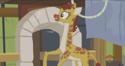 Size: 1366x724 | Tagged: safe, screencap, clementine, giraffe, fluttershy leans in, g4, female, raised hoof, solo, treehouse logo
