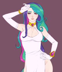 Size: 854x1000 | Tagged: safe, artist:crimsonsnow, princess celestia, human, g4, armpits, breasts, busty princess celestia, cleavage, clothes, dress, evening gloves, female, gloves, high-cut clothing, humanized, long gloves, side slit, solo