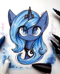 Size: 1024x1263 | Tagged: safe, artist:chimeeri, princess luna, alicorn, pony, g4, cute, female, filly, heart eyes, irl, looking at you, lunabetes, marker, marker drawing, photo, solo, traditional art, wingding eyes, woona, younger
