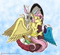 Size: 900x835 | Tagged: safe, artist:inuhoshi-to-darkpen, discord, fluttershy, g4, eyes closed, female, hug, male, ship:discoshy, shipping, smiling, straight