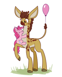 Size: 1000x1250 | Tagged: safe, artist:heir-of-rick, clementine, pinkie pie, giraffe, pony, fluttershy leans in, g4, balloon, cute, diapinkes, female, hug, impossibly large ears, mare, pale belly, raised leg, simple background, smiling, white background