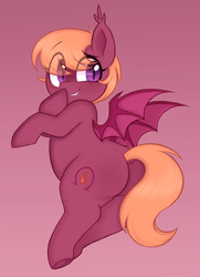 Size: 921x1269 | Tagged: safe, artist:toroitimu, oc, oc only, oc:capillary, bat pony, pony, butt, female, gradient background, looking back, mare, plot, plump, smiling, solo, thick
