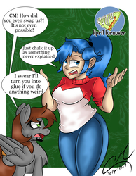 Size: 3500x4500 | Tagged: safe, artist:cm-the-artist, artist:cmpony, oc, oc only, oc:cm, oc:karen sutcliffe, human, pegasus, pony, april turnover, body swap, eye swap, high res, rule 63, speech bubble