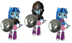 Size: 919x552 | Tagged: safe, artist:whatthehell!?, edit, screencap, sonata dusk, equestria girls, g4, armor, doll, equestria girls minis, eqventures of the minis, female, irl, mace, multeity, photo, school of sonatas, shield, toy, triality, trio, weapon