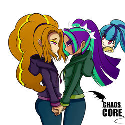 Size: 500x500 | Tagged: safe, artist:caoscore, adagio dazzle, aria blaze, sonata dusk, equestria girls, g4, my little pony equestria girls: rainbow rocks, blushing, clothes, cute, dark skin, female, food, holding hands, hoodie, lesbian, ship:adaria, shipping, simple background, taco, the dazzlings, white background