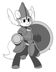 Size: 1280x1623 | Tagged: safe, artist:pabbley, pony, armor, bipedal, grayscale, monochrome, ponified, shield, shield knight, shovel knight, simple background, solo, white background