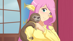 Size: 1280x720 | Tagged: safe, artist:jonfawkes, fluttershy, lola the sloth, human, sloth, fluttershy leans in, g4, blushing, clothes, cute, duo, fluttershy's cottage, humanized, scene interpretation, shyabetes, smiling, window, wing ears