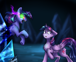 Size: 1938x1600 | Tagged: dead source, safe, artist:not-ordinary-pony, twilight sparkle, alicorn, pony, g4, corrupted twilight sparkle, dark magic, duality, magic, scared, shadow sparkle, sombra eyes, twilight sparkle (alicorn)