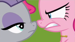 Size: 768x431 | Tagged: safe, screencap, maud pie, pinkie pie, earth pony, pony, g4, rock solid friendship, angry, boop, discovery family logo, female, mare, maud being maud, nose wrinkle, noseboop