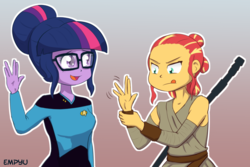 Size: 1000x667 | Tagged: safe, artist:empyu, sci-twi, sunset shimmer, twilight sparkle, equestria girls, g4, alternate hairstyle, clothes, costume, duo, female, glasses, implied lesbian, implied scitwishimmer, implied shipping, implied sunsetsparkle, live long and prosper, rey, smiling, staff, star trek, star wars, star wars: the force awakens, tongue out, vulcan salute