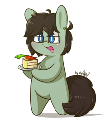 Size: 1600x1817 | Tagged: safe, artist:dsp2003, oc, oc only, oc:tjpones, earth pony, pony, bipedal, blushing, cake, chibi, ear piercing, food, happy birthday, male, open mouth, piercing, simple background, solo, stallion, style emulation, transparent background