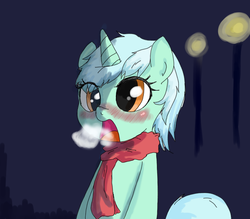 Size: 800x700 | Tagged: safe, artist:ehfkdl569, lyra heartstrings, pony, unicorn, g4, blushing, breath, clothes, cold, female, scarf, solo, streetlight
