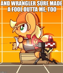 Size: 500x581 | Tagged: safe, artist:php56, edit, applejack, earth pony, pony, fluttershy leans in, g4, clothes, crate, engineer, engineer (tf2), female, gloves, hard hat, hat, mini-sentry gun, sentry gun, solo, team fortress 2, wrangler (team fortress 2)