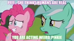 Size: 890x500 | Tagged: safe, edit, edited screencap, screencap, lyra heartstrings, pinkie pie, pony, g4, rock solid friendship, grin, humie, nervous, nervous smile, smiling