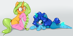 Size: 2296x1143 | Tagged: safe, artist:astralblues, oc, oc only, oc:cyanus blues, oc:honey nevaeh, pony, unicorn, braid, clothes, female, glasses, magic, mare, prone, sitting, socks