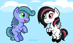 Size: 785x467 | Tagged: safe, artist:pinkiepie6680, oc, oc only, oc:berry twinkie, oc:emala jiss, pegasus, pony, female, flying, heterochromia, mare