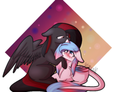 Size: 740x561 | Tagged: safe, artist:sweetmelon556, oc, oc only, oc:rainbow light, oc:tama, bat pony, pegasus, pony, blushing, female, mare, prone