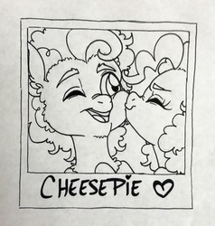 Size: 1658x1739 | Tagged: safe, artist:ameliacostanza, cheese sandwich, pinkie pie, earth pony, pony, g4, female, kissing, male, mare, monochrome, one eye closed, photo, ship:cheesepie, shipping, stallion, straight, traditional art