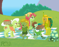 Size: 3540x2803 | Tagged: safe, artist:kelseyleah, granny smith, gummy, tank, tree hugger, earth pony, pony, g4, adventure time, crossover, fern the human, high res, lollipop lass, male, picnic, slime princess, turtle princess