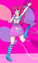 Size: 1100x1800 | Tagged: safe, artist:ragamuffinroez, pinkie pie, equestria girls, g4, balloon, boots, bracelet, clothes, cute, cutie mark, diapinkes, female, high heel boots, human coloration, jewelry, looking at you, raised leg, skirt, solo