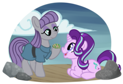 Size: 1280x880 | Tagged: safe, artist:nightiris, maud pie, starlight glimmer, earth pony, pony, unicorn, g4, rock solid friendship, duo, rock, smiling