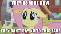 Size: 610x343 | Tagged: safe, edit, edited screencap, screencap, fluttershy, butterfly, pony, fluttershy leans in, g4, female, image macro, meme, oven, pet bed, pot, smiling, solo, stairs