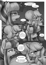 Size: 1512x2150 | Tagged: safe, artist:moonseeker, oc, oc only, oc:dreamra, oc:lily cureheart, pony, unicorn, comic:let's talk redux, comic, eyelashes, female, incest, monochrome, shipping, speech bubble