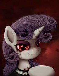 Size: 1672x2157 | Tagged: safe, artist:rameslack, sweetie belle, pony, unicorn, vampire, g4, bust, clothes, eyeshadow, fangs, female, makeup, portrait, red eyes, smiling, smirk, solo