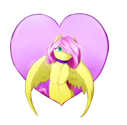 Size: 1000x982 | Tagged: safe, artist:skyeypony, fluttershy, pegasus, pony, g4, collar, cute, female, heart, mare, shyabetes, simple background, solo, white background