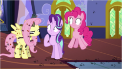 Size: 596x336 | Tagged: safe, screencap, fluttershy, pinkie pie, starlight glimmer, pony, every little thing she does, g4, my little pony: friendship is magic, creepy crawlies, fiducia compellia, mind control, twilight's castle, wat