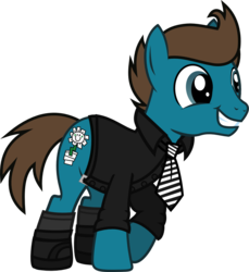 Size: 861x941 | Tagged: safe, artist:lightningbolt, derpibooru exclusive, earth pony, pony, g4, .svg available, american idiot, belt, buckle, clothes, green day, grin, happy, male, necktie, open mouth, ponified, raised hoof, rolled up sleeves, shirt, shoes, show accurate, simple background, smiling, socks, solo, stallion, svg, transparent background, tré cool, vector