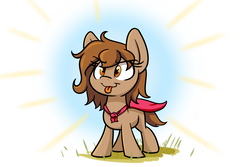 Size: 1500x1000 | Tagged: safe, artist:heir-of-rick, oc, oc only, oc:brownie bun, earth pony, pony, abstract background, brownie bun without her pearls, cmc cape, cute, female, filly, ocbetes, solo, tongue out, younger