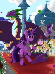 Size: 1536x2048 | Tagged: safe, artist:qzygugu, spike, twilight sparkle, alicorn, dragon, pony, g4, armor, canterlot, clothes, cloud, crown, female, helmet, jewelry, mare, new crown, older, older spike, regalia, royal guard, scarf, sky, smiling, twilight sparkle (alicorn), winged spike, wings